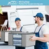 Two men in work uniforms are carrying large storage bags next to a white van. Voir les images du produit
