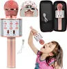 A collage of a pink karaoke microphone, including a close-up of the controls, a microphone in a case, and a child singing into the microphone. Podgląd zdjęcia produktu