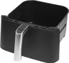 A black air fryer basket with a silver handle is shown against a white background. Produktbild-Vorschau
