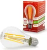 A clear glass LED light bulb and its red packaging are shown against a white background. Produktbild-Vorschau