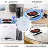 A collage of images showing a portable CD player connected to different audio devices via Bluetooth and auxiliary cable. Produktbild-Vorschau