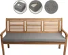 A wooden bench with a gray cushion, with three circular diagrams above showing product features. Produktbild-Vorschau