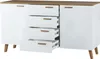 A white and wood-grain sideboard with four drawers, shown from the front. Náhled obrázku produktu