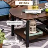A close-up view of a coffee table with labels highlighting its features. Voir les images du produit