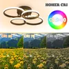 A modern ceiling lamp with four rings is shown, along with comparative images demonstrating different color rendering index (CRI) levels and a color spectrum graphic. Náhľad obrázku produktu