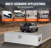 A silver aluminum truck bed tool box is shown in the foreground, with a pickup truck driving on a road in the background. Above the truck, there are four smaller images showcasing different application scenarios: a truck, a pickup truck with a camper, a ga Náhľad obrázku produktu