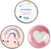 A collage of three circular items, one with text and graphics, and two with decorative patches. Voir les images du produit
