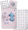 A flat lay of a Disney Stitch and Angel themed bedding set, including a duvet cover and pillowcases, with a small blanket or throw also visible. Produktbild-Vorschau