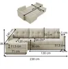 A diagram showing the dimensions of a sofa bed, with a separate smaller diagram showing the sofa bed in its extended form. Produktbild-Vorschau