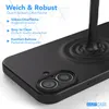 A black phone case is shown with a black liquid pouring onto it, creating ripples. Text overlays describe the features of the case. Produktbild-Vorschau