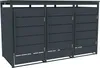 A dark gray, three-door trash bin enclosure is shown against a white background. Produktbild-Vorschau