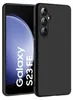A black phone case is shown on a black background, with a smartphone partially visible on the left. Produktbild-Vorschau