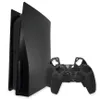 A black PlayStation 5 console and two black controller covers are displayed against a white background. Podgląd zdjęcia produktu