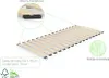 A wooden bed slatted base with close-up details and text labels. Produktbild-Vorschau