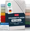 A light gray fitted sheet is shown folded and partially unfolded, with a stack of other colored fitted sheets visible on the left and right sides. Several labels and certifications are attached to the sheet. Produktbild-Vorschau