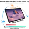 A tablet is shown with marketing text and graphics highlighting its battery capacity. Produktbild-Vorschau