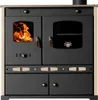 A front view of a black and cream wood-burning stove with a glass oven door and a fire visible in the combustion chamber. Produktbild-Vorschau
