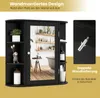 A black bathroom cabinet with a mirror and shelves, shown with decorative items and toiletries. A separate inset shows a wall plug. Náhľad obrázku produktu