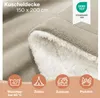 A close-up of a beige and white sherpa blanket, with icons and text indicating its features and uses. Náhľad obrázku produktu