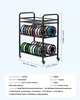 A black metal storage rack filled with spools of 3D printer filament, with dimensions and specifications listed below. Podgląd zdjęcia produktu