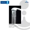 A close-up of a white shower head with water spraying out, against a dark background. Text and graphics are overlaid on the right side. Produktbild-Vorschau