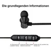 Close-up of black wireless earbuds and their inline remote control with text descriptions. Produktbild-Vorschau