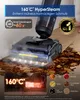 A steam mop cleaning a dirty floor, with various food stains shown as examples of what it can clean. Produktbild-Vorschau