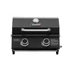 A black gas grill with silver handles and control knobs, set against a white background. Produktbild-Vorschau