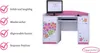 A child's computer desk with a monitor, keyboard, and drawers, decorated with colorful flowers. There are checkmarks and text on the left side highlighting product features. Produktbild-Vorschau