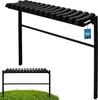 A black metal bench with a curved, slatted top, shown in two configurations: one as a standalone bench on grass, and another as a larger structure with a canopy, supported by black metal legs. A small blue tag with 'EU' and 'kotarbau' is attached to the la Voir les images du produit