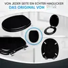A collage of images showcasing a black toilet seat from different angles, highlighting its features and design. Náhled obrázku produktu