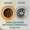 A split image showing a dirty sink drain on the left and a clean sink drain on the right, with text indicating the cleaning power of baking soda. Produktbild-Vorschau