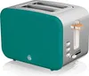 A teal and silver two-slice toaster with a wood accent on the lever, shown from a front-diagonal angle on a white background. Podgląd zdjęcia produktu