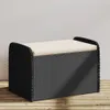 A black rattan storage bench with a beige cushion sits on a wooden deck against a light gray wall. Voir les images du produit