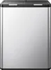 A front view of a stainless steel dual-compartment recycling bin. Voir les images du produit