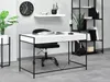 A modern office desk setup with a white desk, black chair, and shelving unit. Voir les images du produit