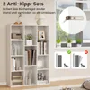 A collage showing a white bookshelf with various items and an inset image demonstrating how to install anti-tip hardware. There are also diagrams illustrating the importance of anchoring the bookshelf to prevent tipping. Produktbild-Vorschau