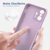 A hand is touching a purple phone case, highlighting its matte surface and soft grip. Produktbild-Vorschau