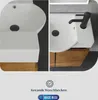 A split image showing two close-up views of a white ceramic sink and a wooden cabinet, with text and logos at the bottom. Produktbild-Vorschau