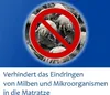 A close-up image of dust mites with a red prohibition sign over them, set against a blue background with text below. Produktbild-Vorschau