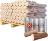 A pallet of wood briquettes is shown, with some briquettes in the foreground and a logo in the midground. Produktbild-Vorschau
