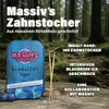 A tin of blueberry flavored toothpicks is displayed in a forest setting with text overlays. Náhľad obrázku produktu