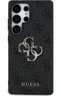 A black phone case with a repeating GUESS logo pattern and a large metallic GUESS logo in the center. Produktbild-Vorschau