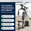 A black home gym machine is shown with text overlays highlighting its features. Produktbild-Vorschau