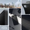A collage of images showcasing a black phone case, with a city skyline in the background and close-ups of the case's texture and design. Produktbild-Vorschau