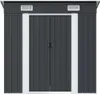 A front view of a dark gray metal garden shed with double doors and two vents on the top. Náhled obrázku produktu