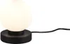A black table lamp with a white spherical glass shade sits on a white background. Produktbild-Vorschau