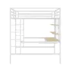 A white metal bunk bed with a desk and shelves against a white background. Produktbild-Vorschau