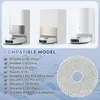 Collage of robot vacuum cleaner docking stations and a list of compatible models, with a close-up of a mop pad. Produktbild-Vorschau