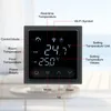A smart thermostat display with labels pointing out its features. Podgląd zdjęcia produktu